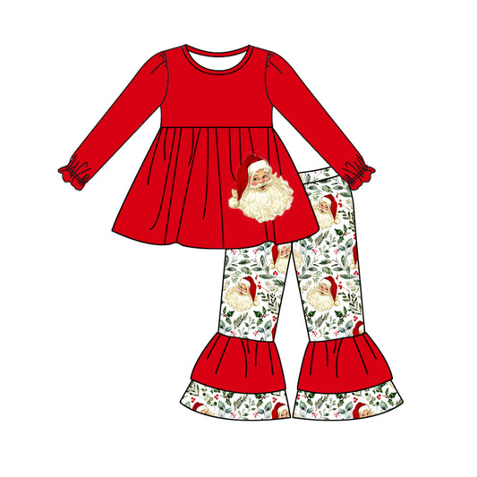 Red santa tunic ruffle pants kids girls Christmas outfits