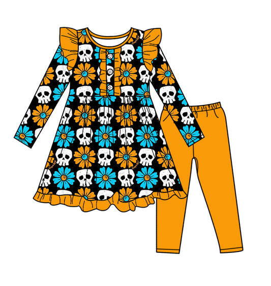 Long sleeves floral skull kids girls Halloween clothes