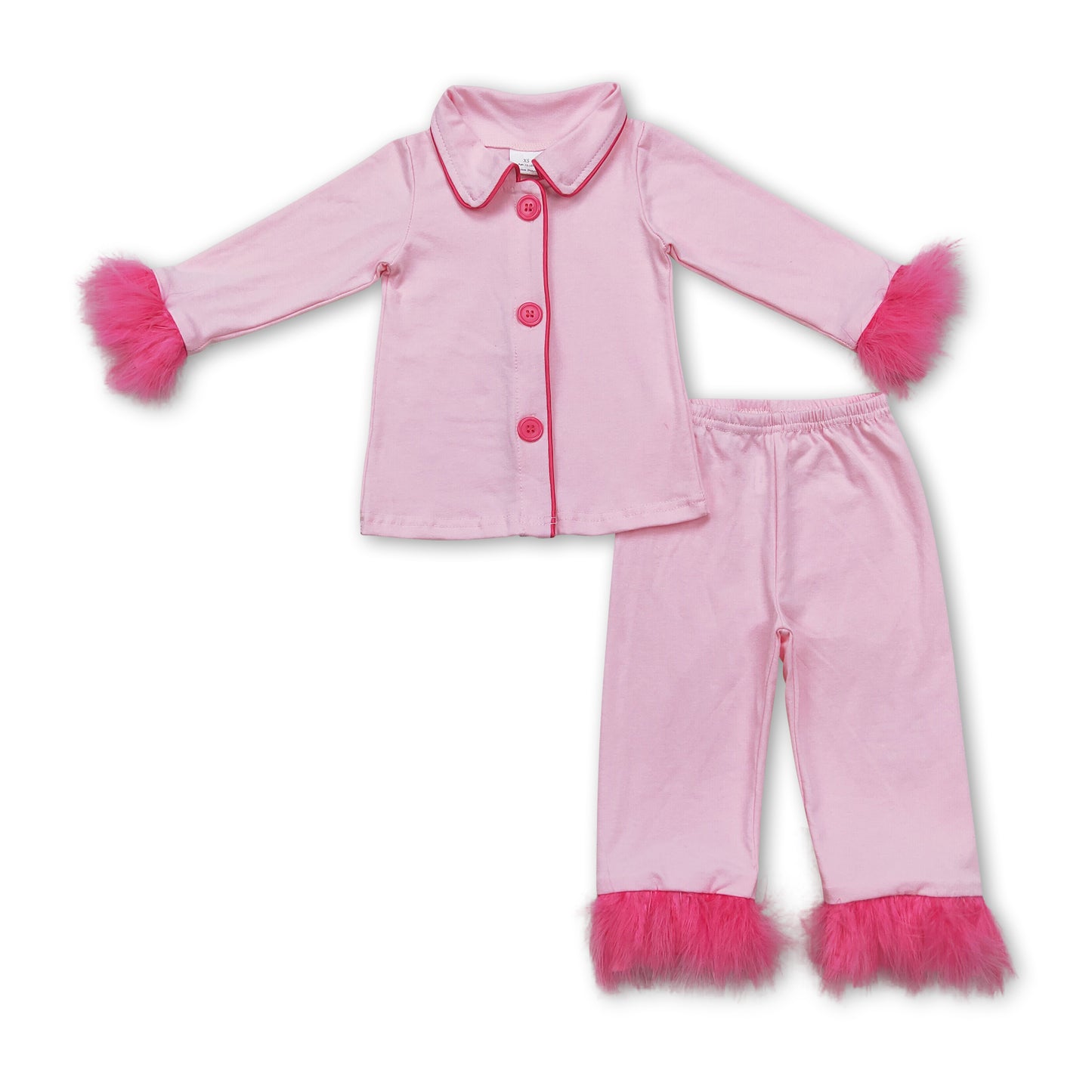 Pink fur ruffle kids girls button down cotton pajamas