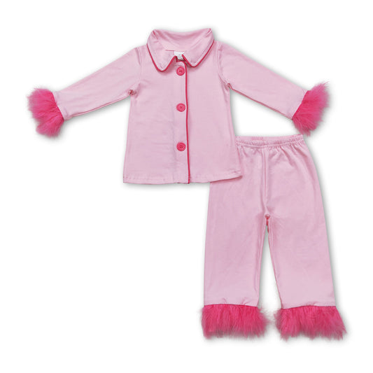 Pink fur ruffle kids girls button down cotton pajamas