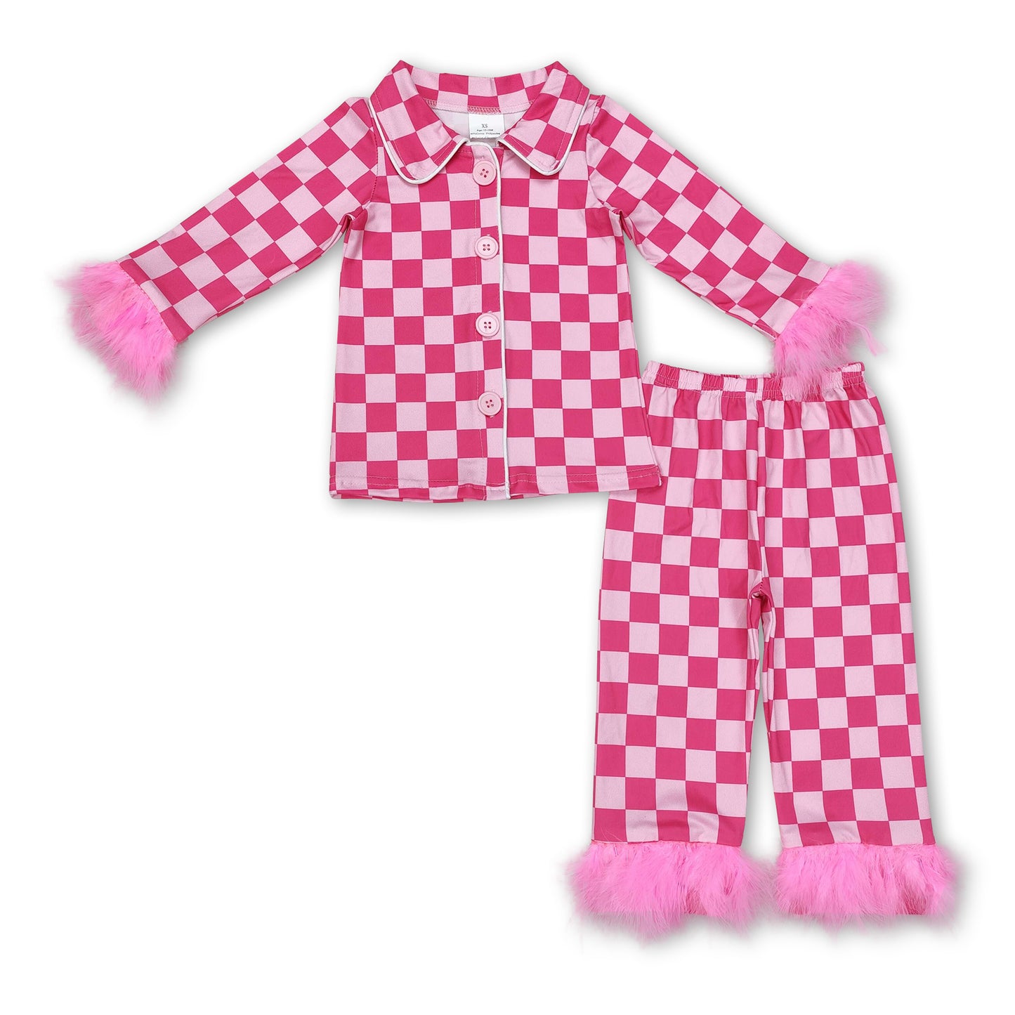 Hot pink plaid fur ruffle kids girls button down pajamas