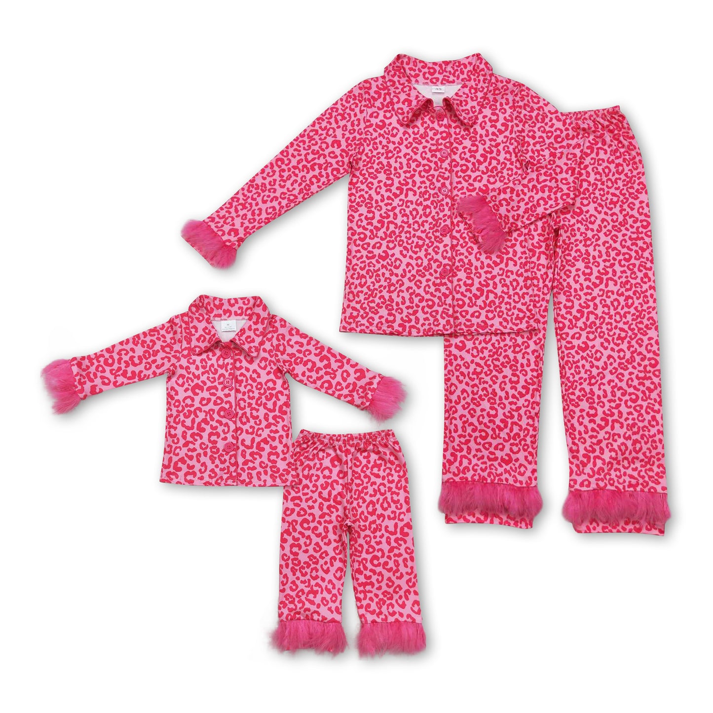 Hot pink leopard fur ruffle kids girls button down pajamas