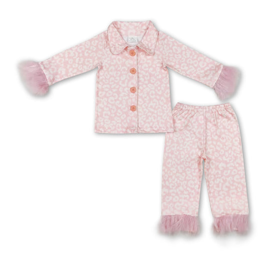 Pink leopard fur ruffle kids girls button down pajamas