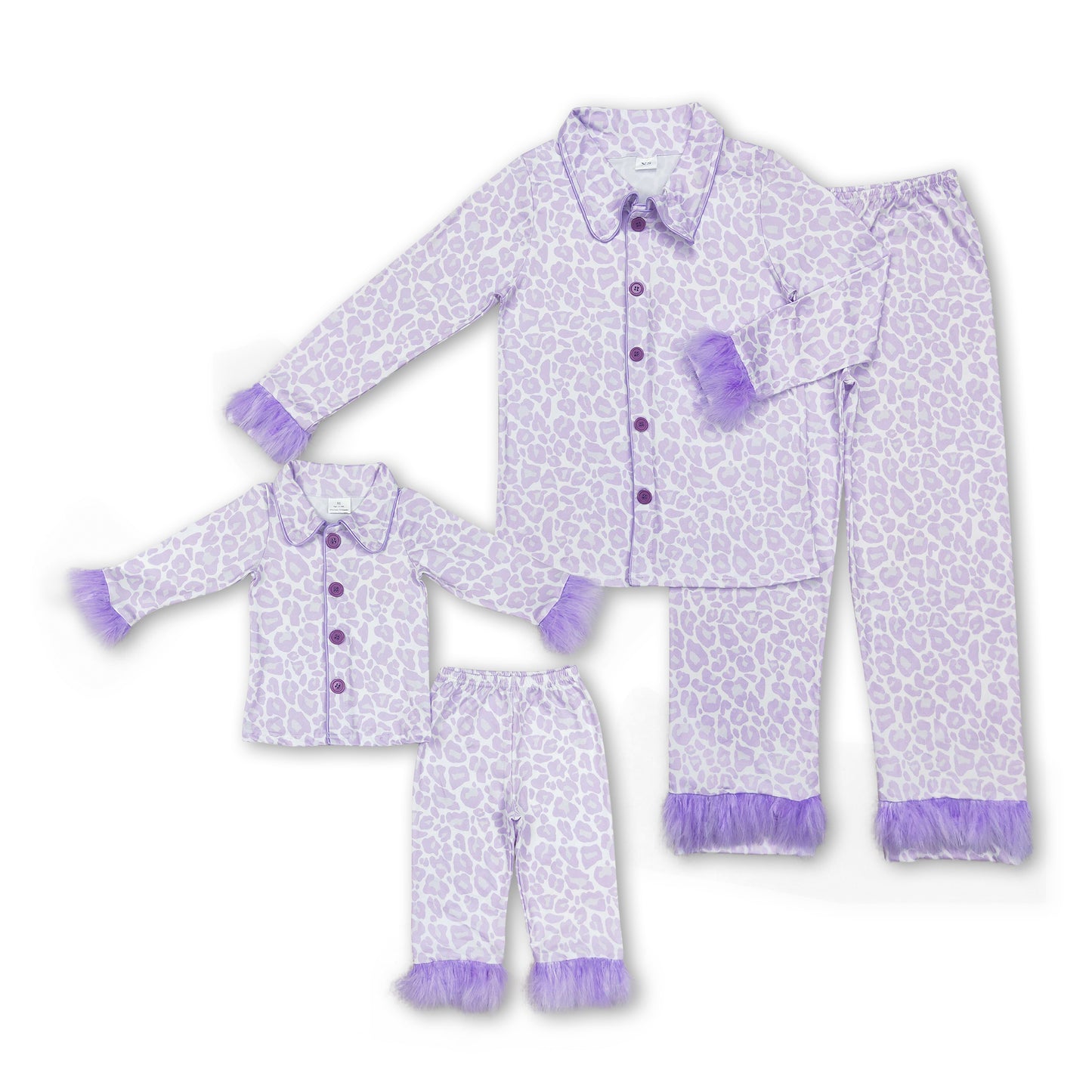 Lavender leopard fur ruffle kids girls button down pajamas