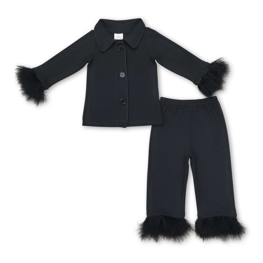 Black cotton fur ruffle kids girls button down pajamas