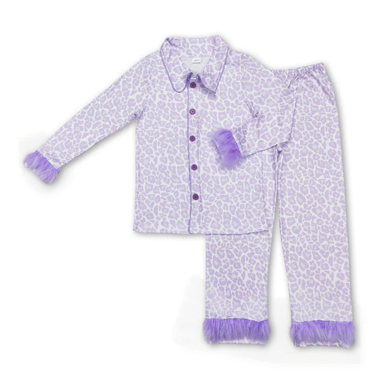 Lavender leopard fur ruffle adult women button down pajamas