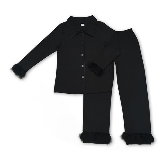 Black cotton fur ruffle adult women button down pajamas