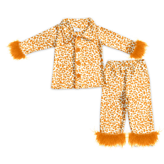 Yellow leopard fur ruffle adult women button down pajamas