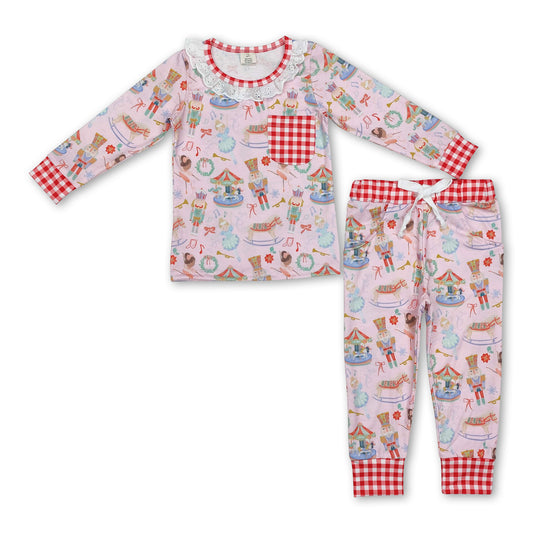 Long sleeves plaid pocket ballet girls Christmas pajamas