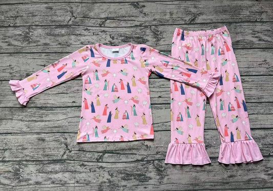 Long sleeves pink nativity baby girls Christmas pajamas