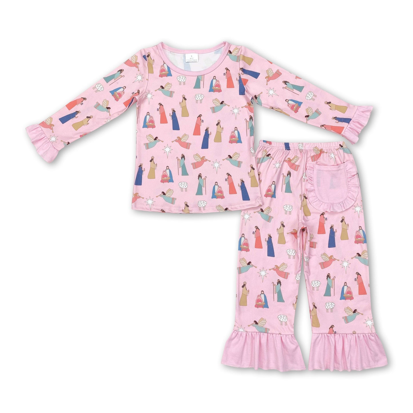 Long sleeves pink nativity baby girls Christmas pajamas