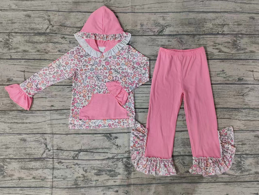 Pink floral pocket hoodie pants kids girls clothing set
