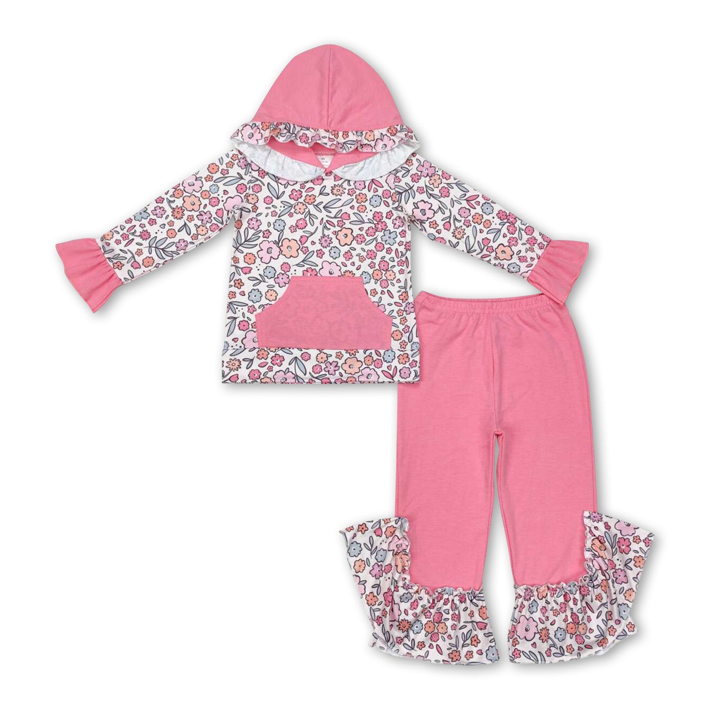 Pink floral pocket hoodie pants kids girls clothing set