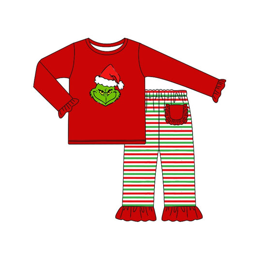 Long sleeves green face top stripe pants girls Christmas set