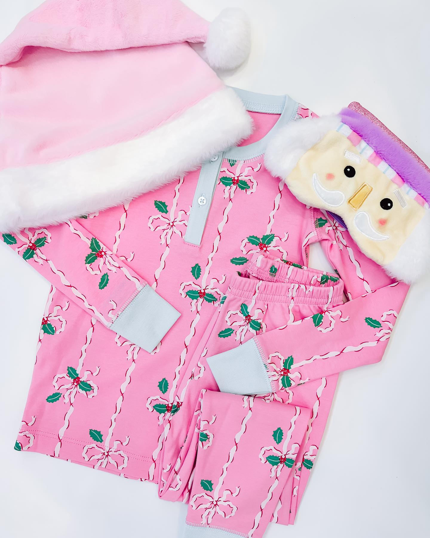 Long sleeves pink bow Christmas kids girls pajamas