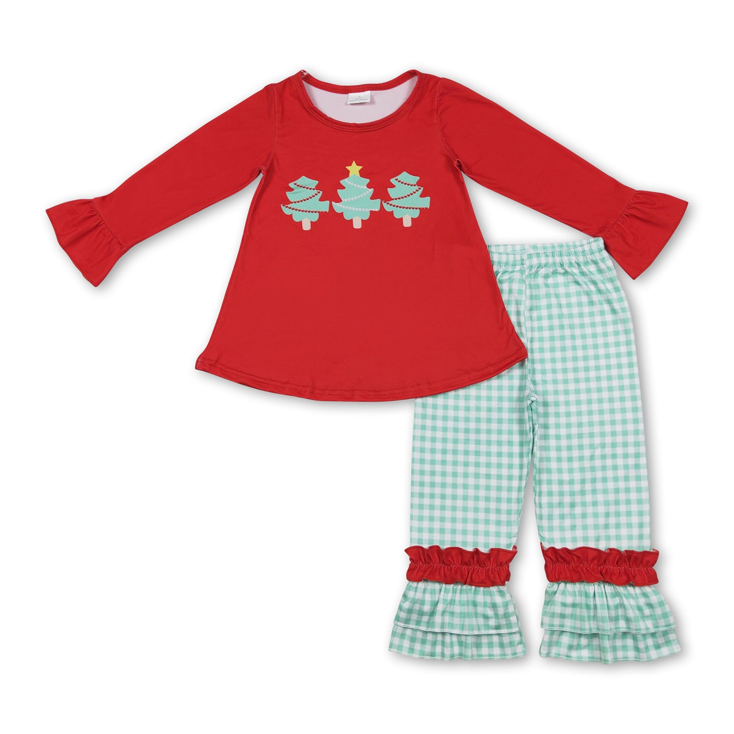 Christmas tree tunic plaid pants girls clothing set