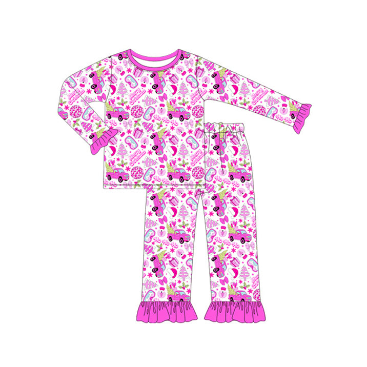 Pink long sleeves Christmas tree truck girls pajamas