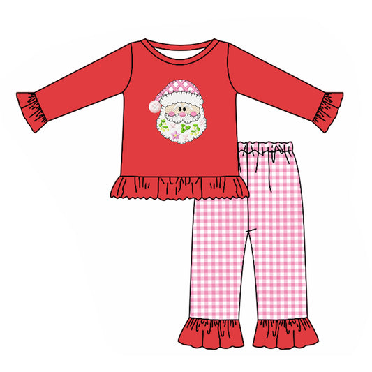 Red santa top pink plaid pants girls Christmas outfits