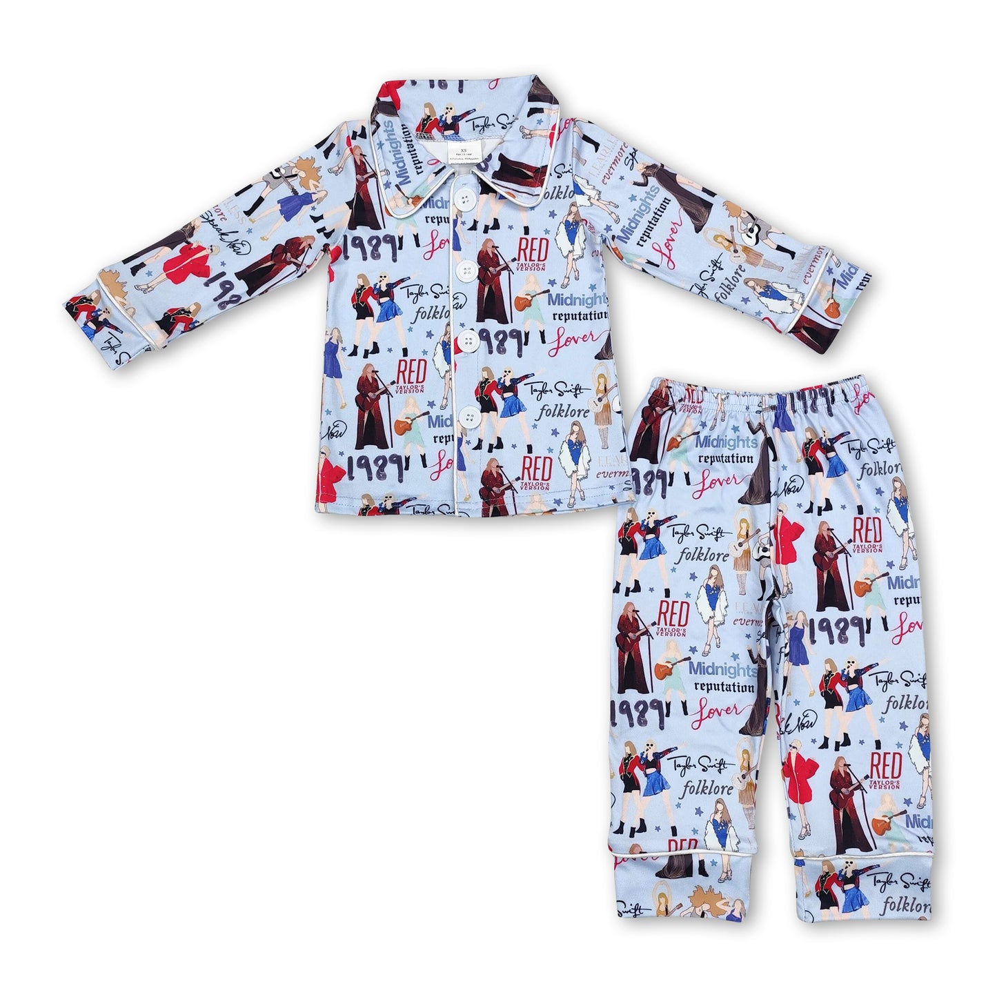 Long sleeves light blue guitar singer girls pajamas