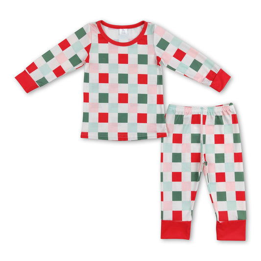 Long sleeves red green plaid baby kids Christmas pajamas