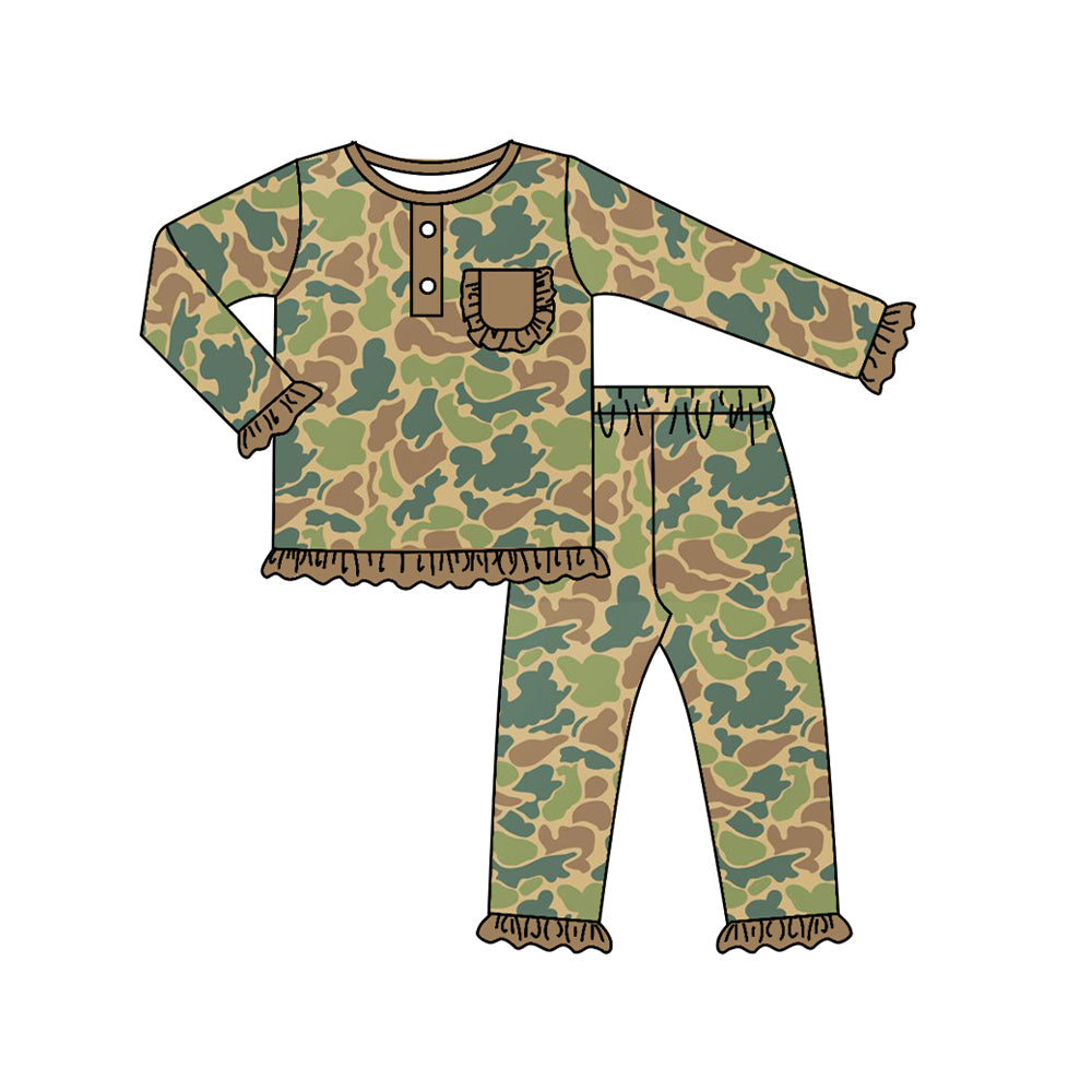 Long sleeves pocket camo kids girls pajamas