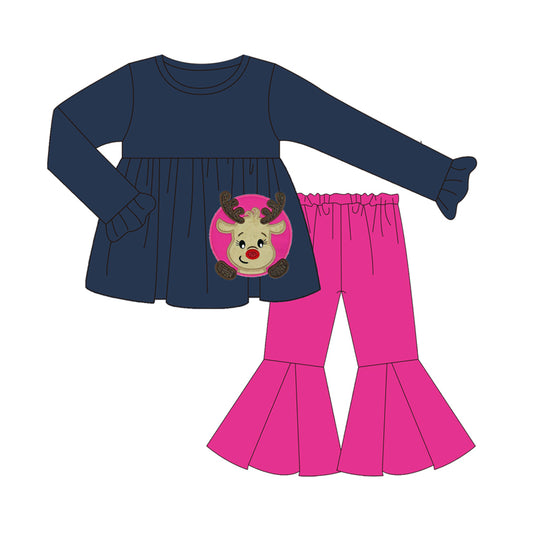 Navy deer tunic hot pink pants girls Christmas outfits