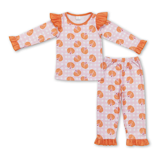 Pink plaid pumpkin kids girls fall pajamas