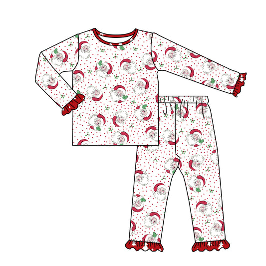 Long sleeves polka dots santa kids girls Christmas pajamas