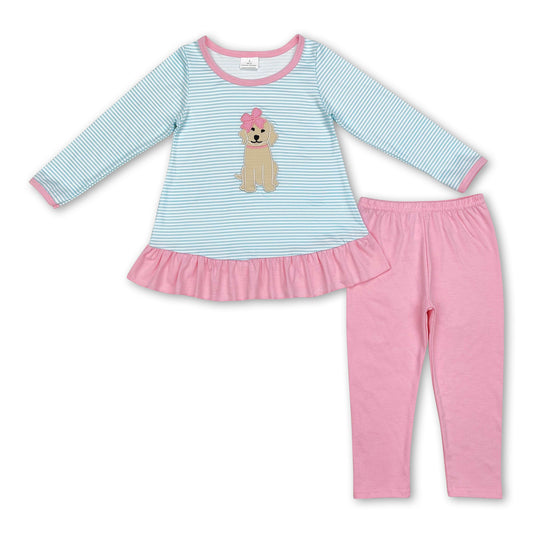 Dog stripe tunic pink leggings girls clothing set