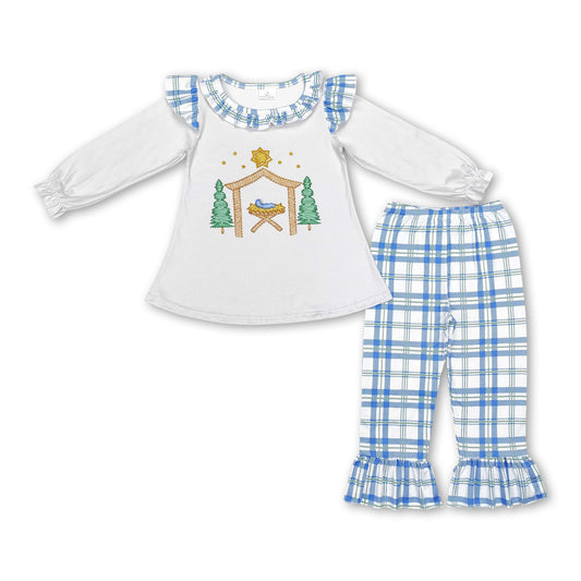 Nativity tunic blue plaid ruffle pants girls Christmas set