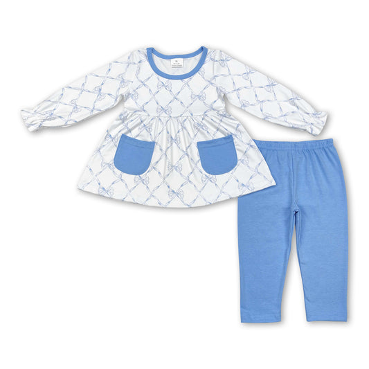 Light blue bow tunic leggings kids girls clothing set