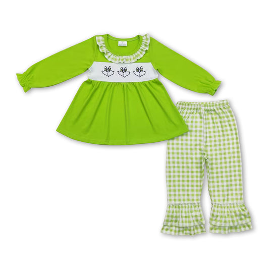 Green face tunic plaid ruffle pants girls Christmas outfits