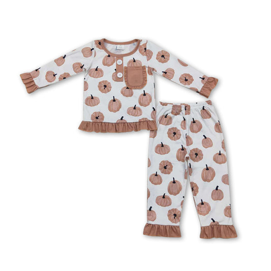 Long sleeves pumpkin ruffle baby girls fall pajamas