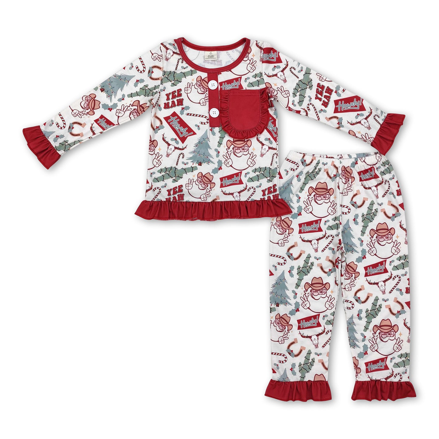 Long sleeves santa cactus  western girls Christmas pajamas