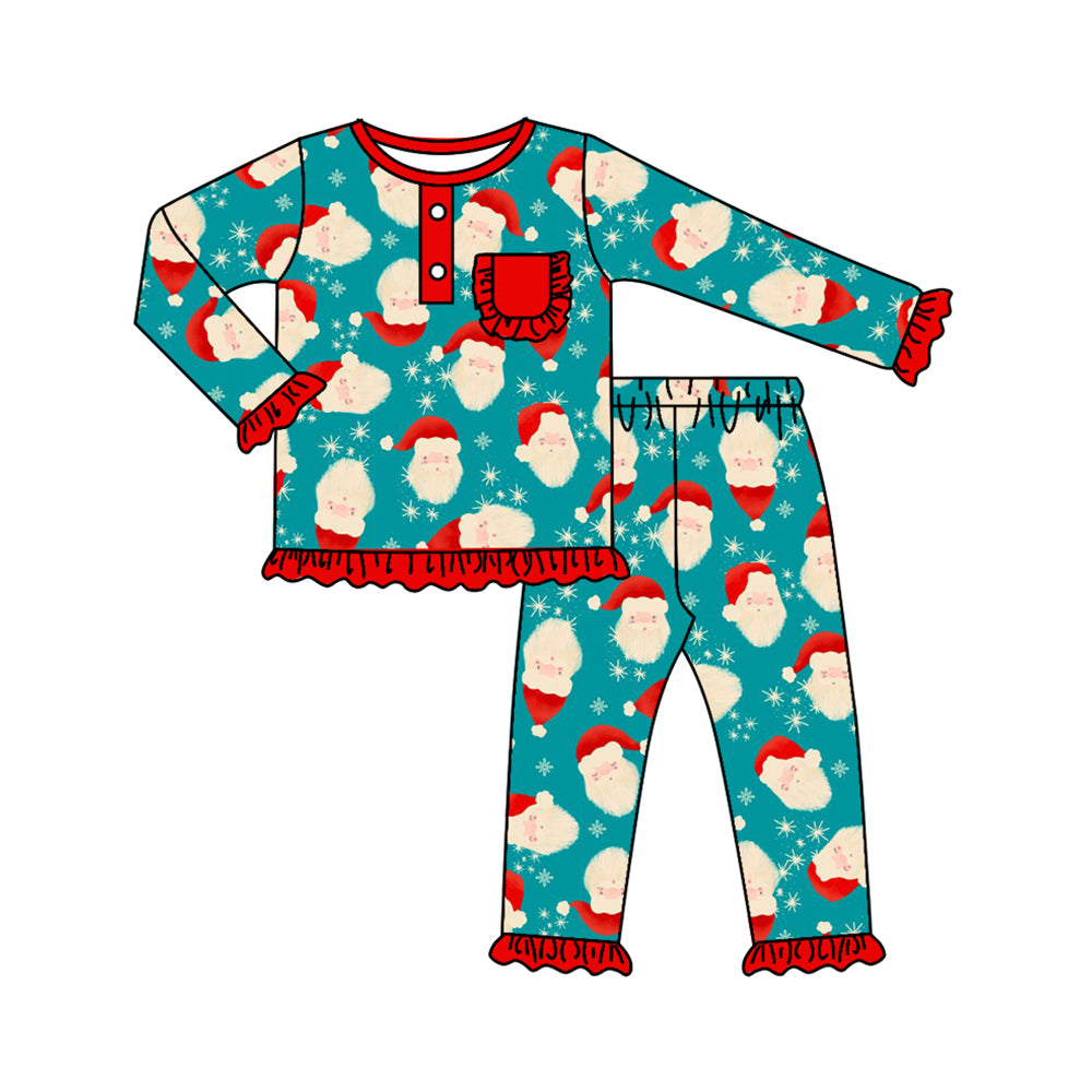 Long sleeves santa ruffle girls Christmas pajamas