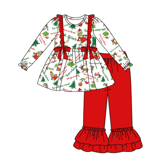 Long sleeves green face Christmas tree tunic pants girls clothes