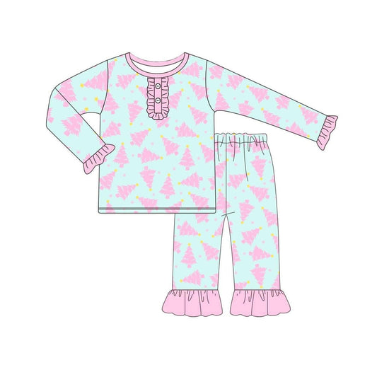 Pink long sleeves Christmas tree kids girls pajamas