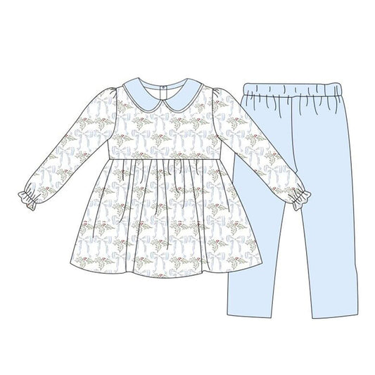 Bow tunic light blue leggings girls Christmas outfits