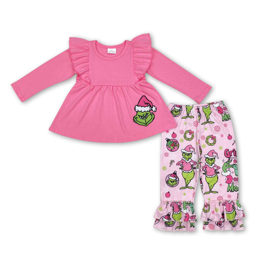 Pink green face tunic ruffle pants girls Christmas outfits