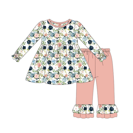 Floral tunic pink ruffle pants girls clothing set