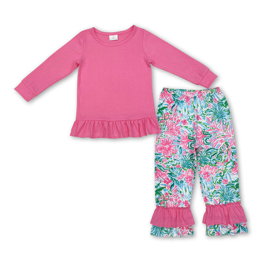 Pink cotton top watercolor floral ruffle pants girls clothes