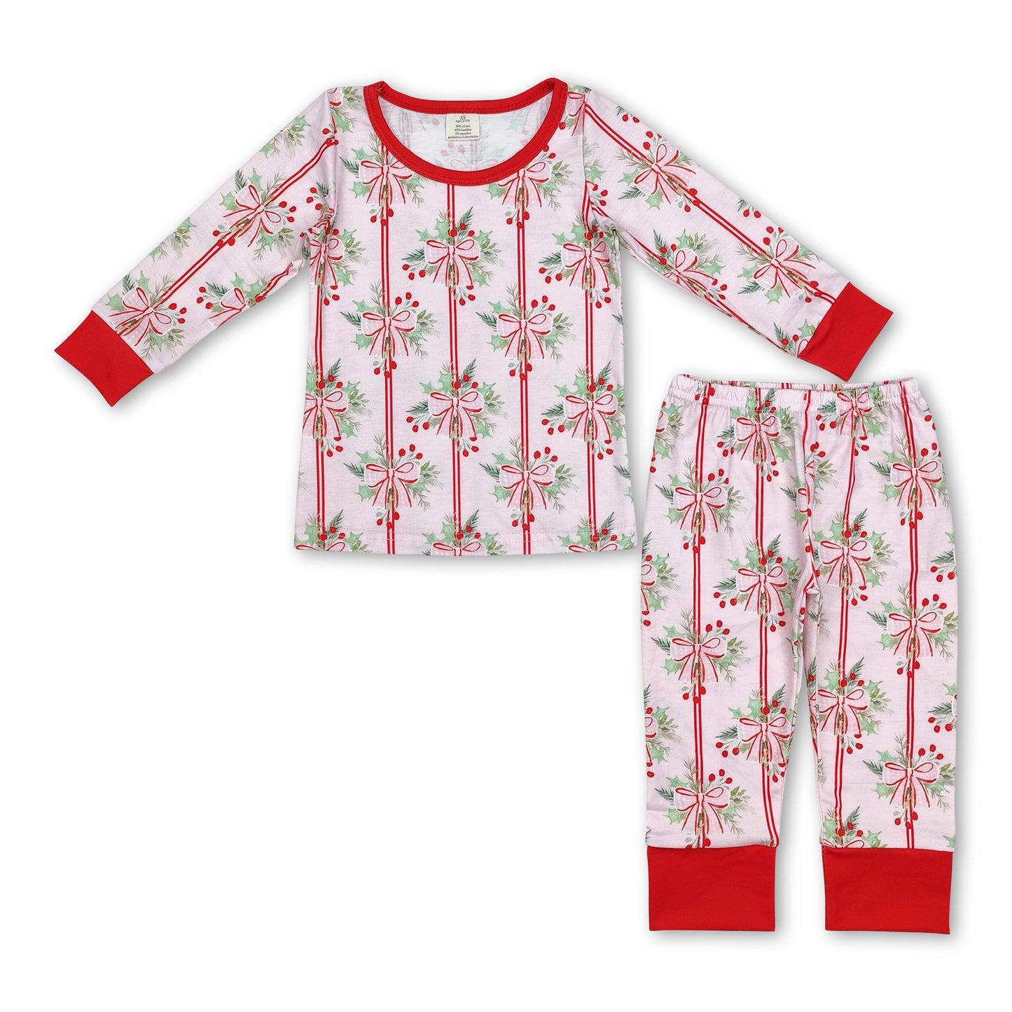 Red long sleeves pink bow kids girls Christmas pajamas