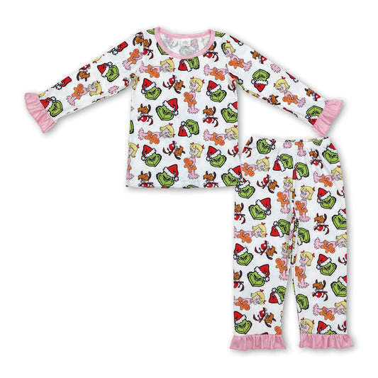 Pink ruffle long sleeves green face girls Christmas pajamas