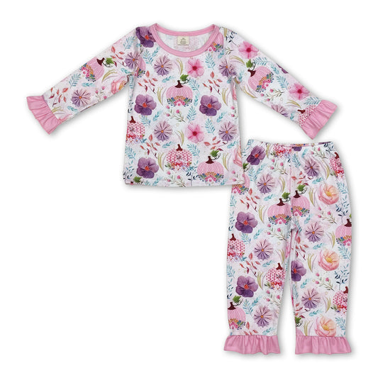 Long sleeves ruffle pumpkin floral baby girls fall pajamas