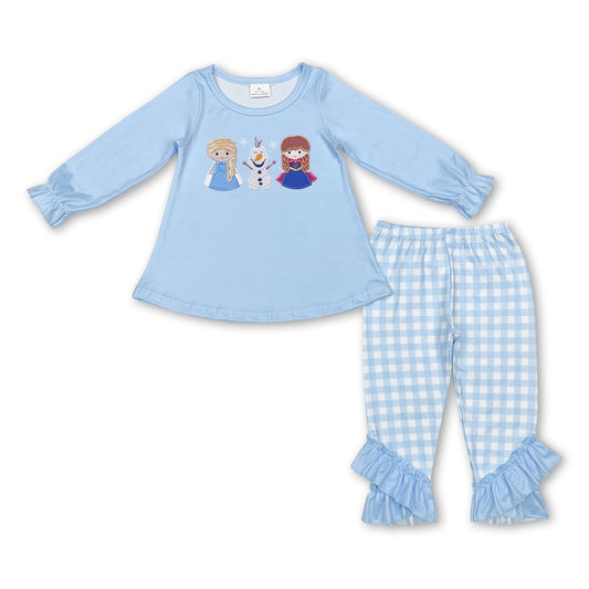 Light blue ice princess top plaid leggings girls clothes