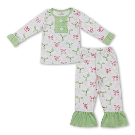 Green long sleeves pink bow kids girls Christmas pajamas