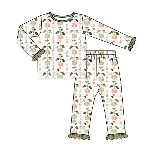 Green bow pumpkin ruffle kids girls fall pajamas