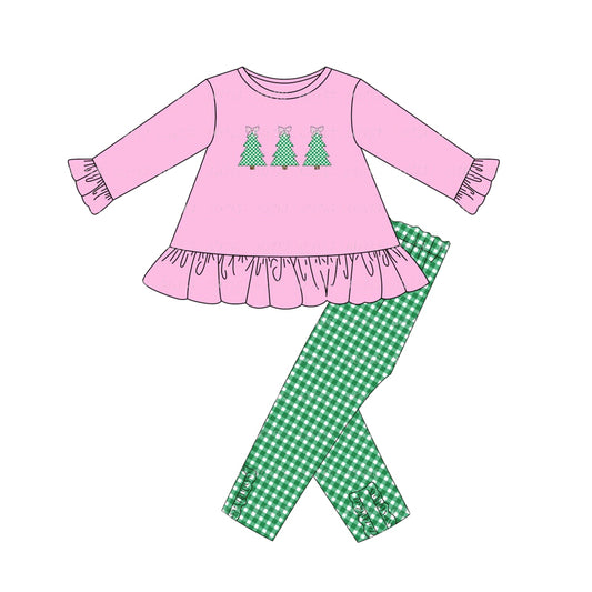 Pink Christmas tree top plaid leggings children clothing