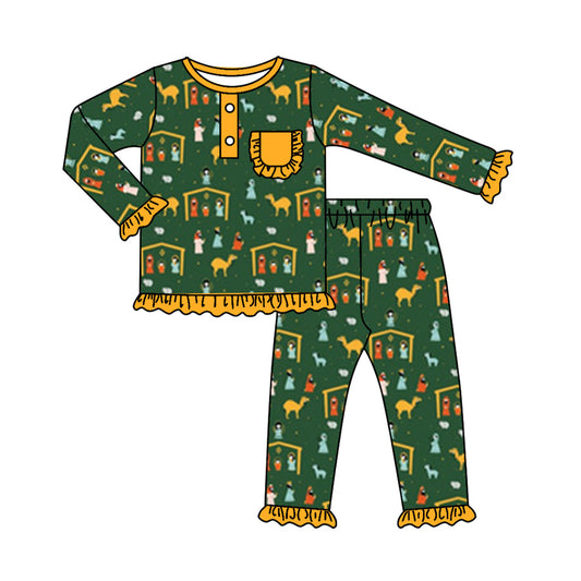 Yellow pocket ruffle kids girls nativity Christmas pajamas