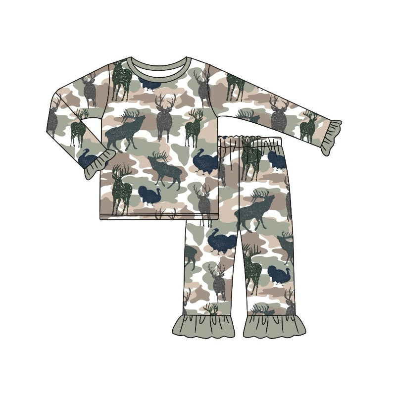 Long sleeves deer camo ruffle baby girls pajamas